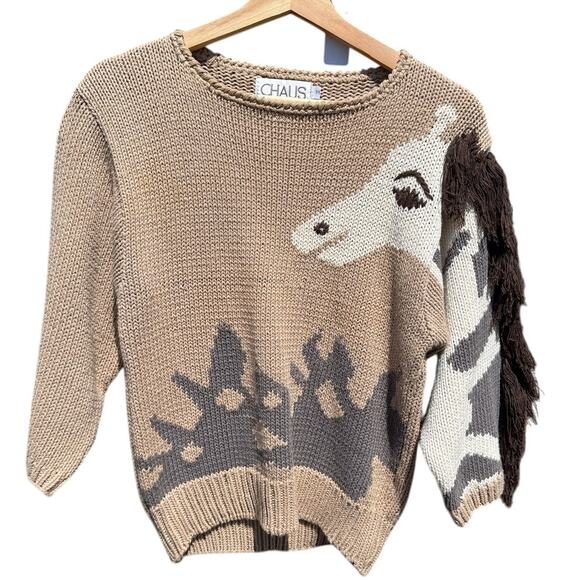 Chaus Giraffe animal tan white sweater with hair Size Medium - Picture 1 of 6